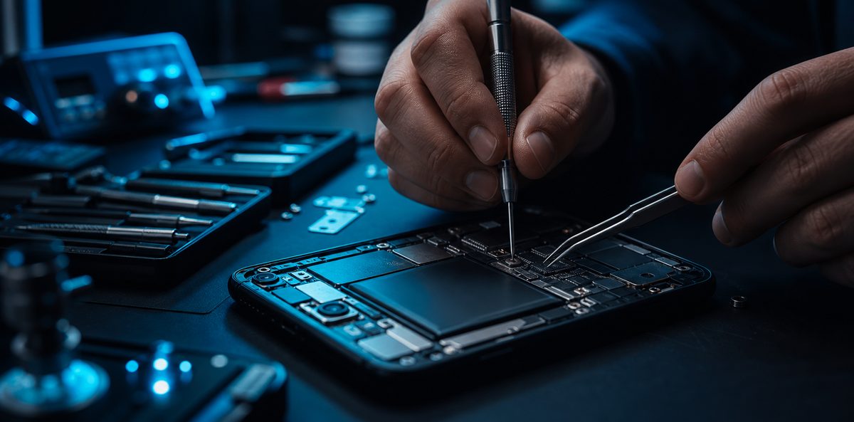 Vista del taller de Cadena Cell con instrumental de reparación y teléfono sobre la mesa de trabajo