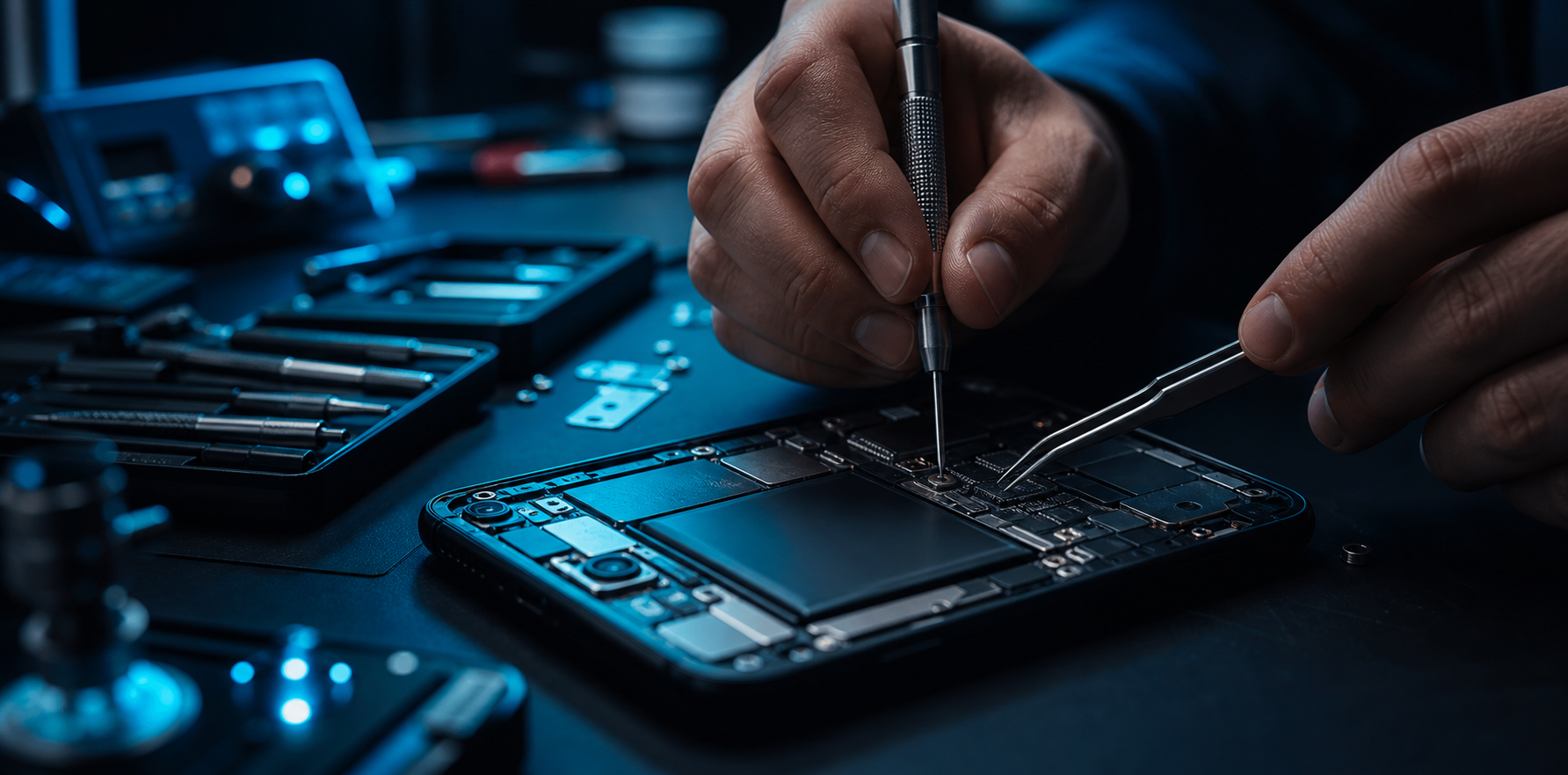 Técnico de Cadena Cell reparando un teléfono con herramientas de precisión